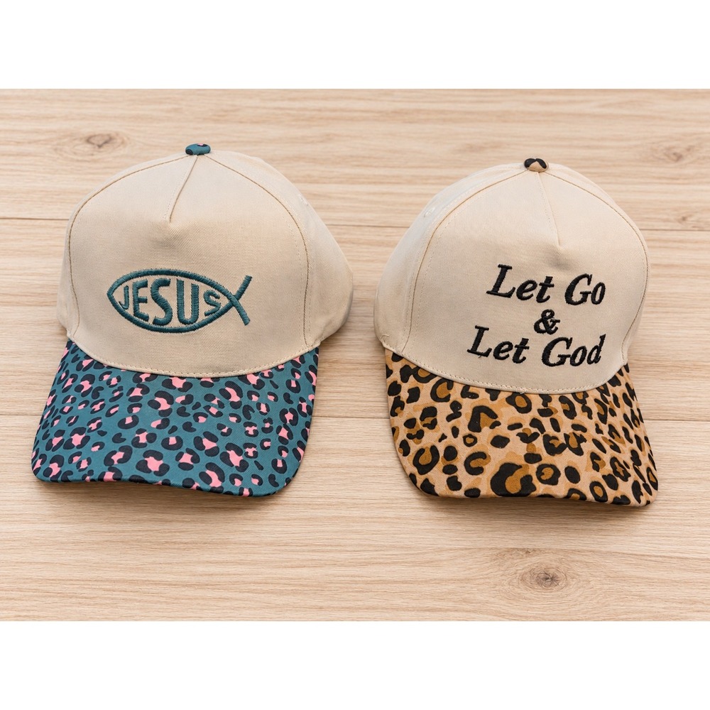 2pc Christian Baseball Cap Set Jesus Fish Let Go Let God Leopard Print Tan Hat